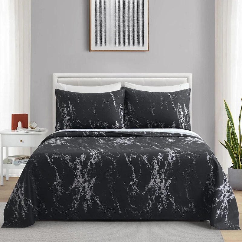 Marina Decoration Ultra Soft Silky Deep Pocket Rich Printed Bedding Rayon from Bamboo All Season Sheet Set with Pillowcases, Modern Black Marble Pattern