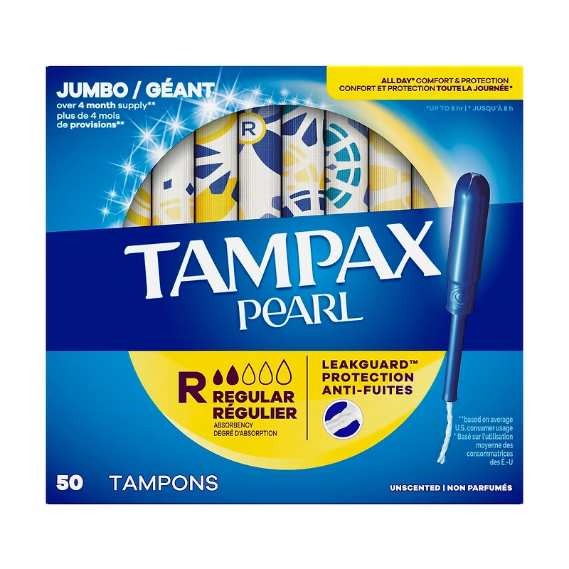 Tampons Tampax Pearl avec tresse anti-fuites LeakGuard, degré d’absorption régulier, non parfumés, 50 tampons 50CT