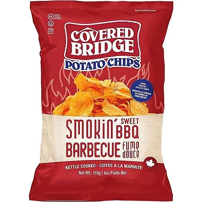 Covered Bridge - BBQ sucré fumé, 170g Vous cherchez une collation délicieuse à grignoter ? Alors vous devez absolument essayer les incroyables chips cuites à la marmite de Covered Bridge. Chips cuites à la marmite sans glutenSans arômes artificiels, colorants ni conservateursSans