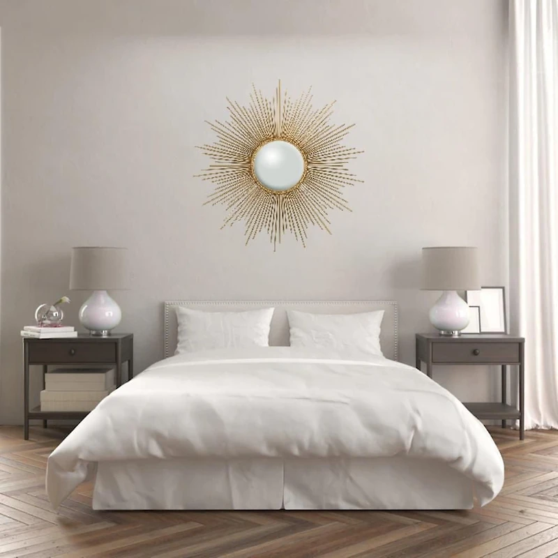 Miroir mural en forme de soleil doré brillant – Cadre en fer de qualité supérieure avec verre miroir – Décoration élégante pour l'entrée, les chambres ou les salles de bains – Dimensions : 40" H x 40"