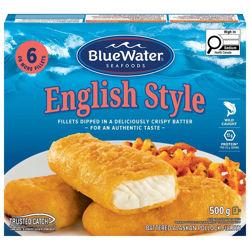 BlueWater Seafoods English Style Fish, Wild Caught Pollock, Frozen, 6 Count, 500 g Package, English style wild-caught pollock fillets