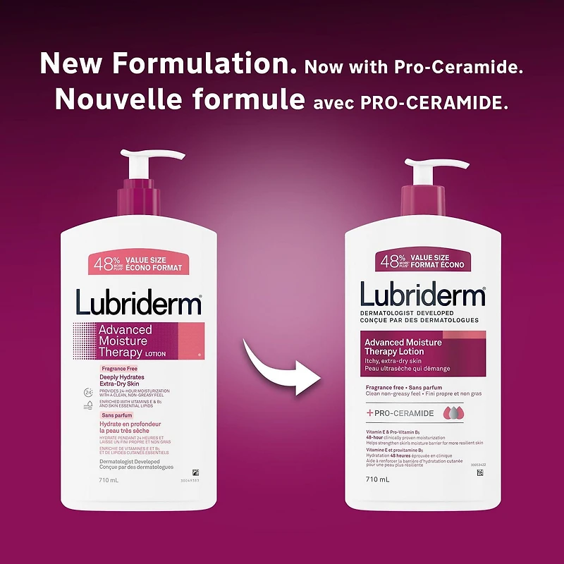 Lotion Lubriderm Advanced Moisture Therapy - Vitamine E, provitamine B5, procéramides, peau sèche, sans parfum 710 ml