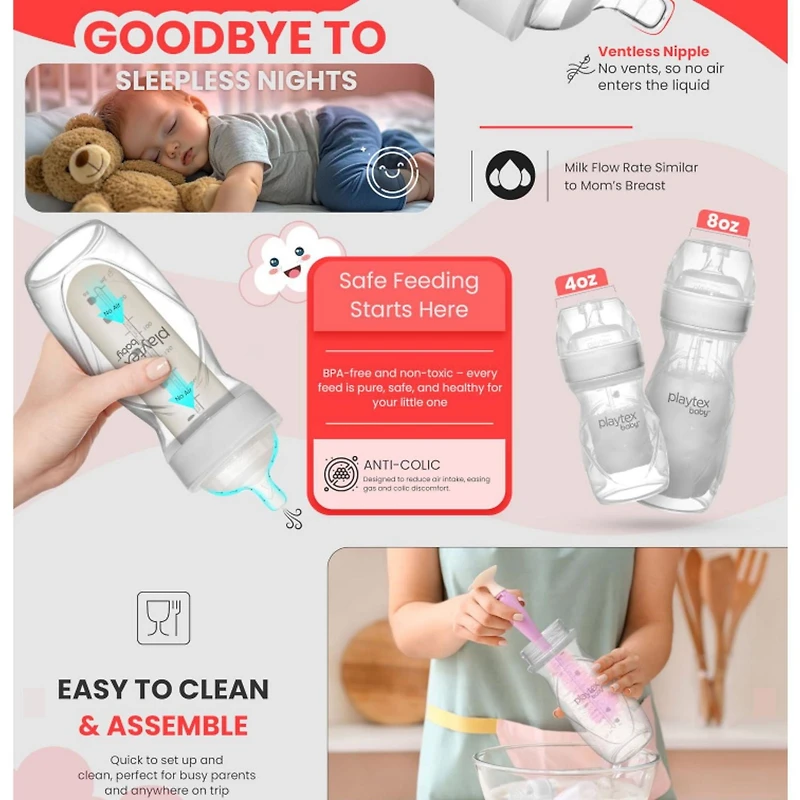 Playtex Baby® Anti-Colic, Reduce Gas, Air Free Nurser Bottle with 15 Pre-Sterilized Disposable Drop-Ins Liners, Closer to Breastfeeding, 4oz Bottles, 3 Count