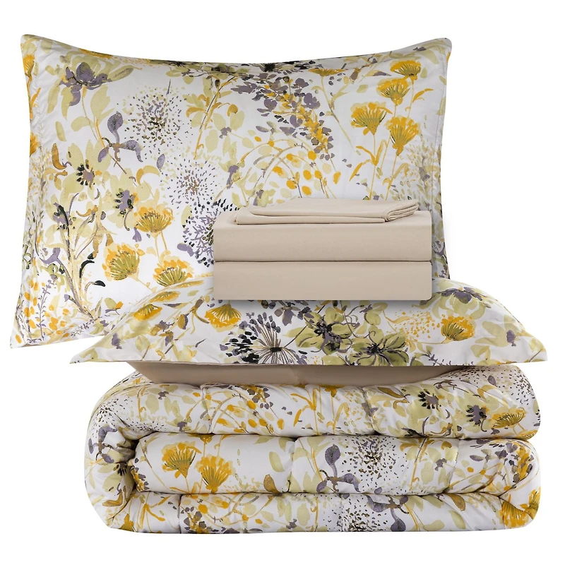 Literie Marina Décoration ultra douce et luxueuse en duvet d'oie, alternative au duvet d'oie, richement imprimée, avec draps et motif floral d'hortensia moderne