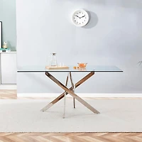 Heavenly Collection Table à manger rectangulaire argentée en verre trempé avec base croisée en métal pour salle à manger ou cuisine