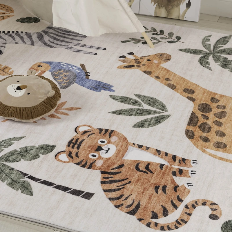 Rug Branch Soft Steps Playtime Cartoon Animals, Tapis d'apprentissage educatif doux, blanc beige - Garcons et filles dans la salle de jeux, la creche, la chambre a coucher