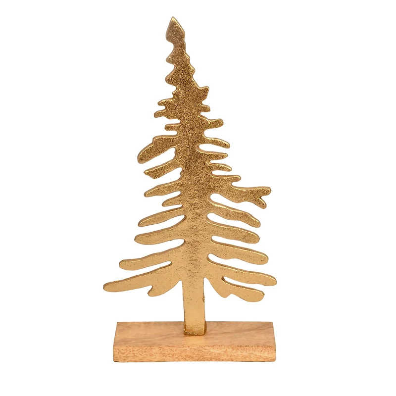 Sapin de Noël en aluminium coulé avec base en bois, décoration de table, doré, 12,5 pouces, par Holiday Time