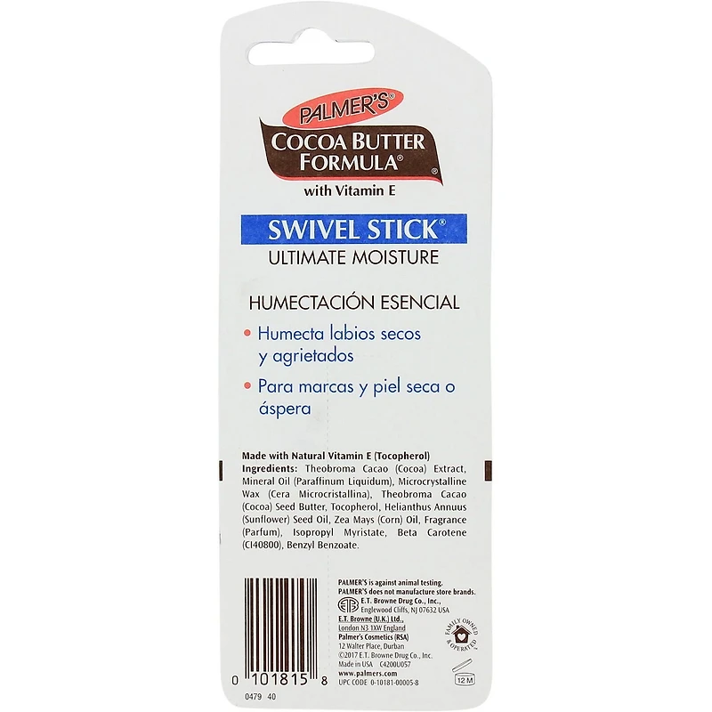 Palmer's Cocoa Butter Formula with Vitamin E Swivel Stick, Moisturizing Lip Balm for Dry, Chapped Lips, On-the-Spot Help for Marks, Blemishes and Rough, Dry Skin, 14g.
