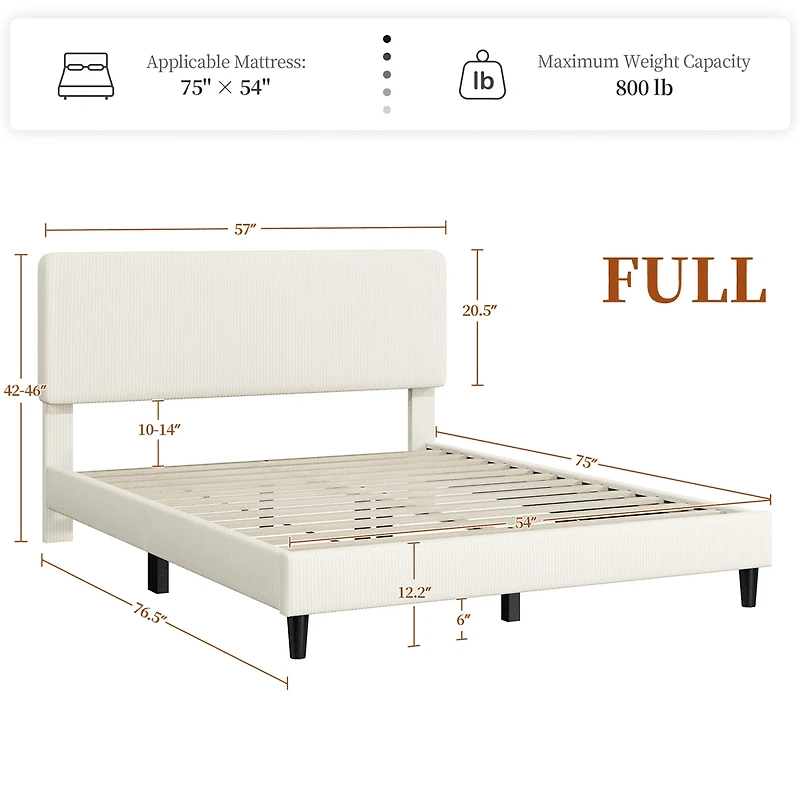 Fullfurnique Upholstered Bed Frame with Adjustable Headboard and Wooden Slat Support, Full, Beige