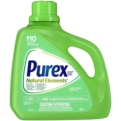Purex détergent à lessive liquide concentré 4-en-1, Natural Elements, lin et lis, sans colorants ajoutés, 4,43 litres, 110 brassées