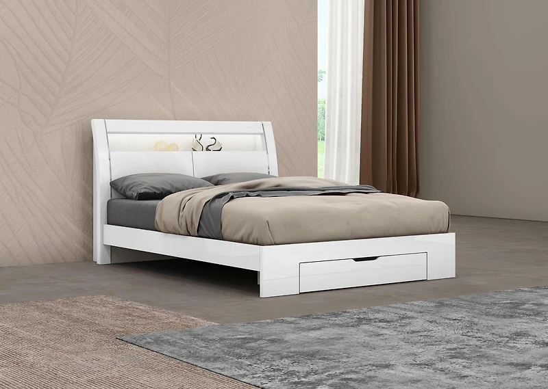 K-Living Phoebe High-Gloss White King-Size Bed with LED Light and Bookshelves in Headboard