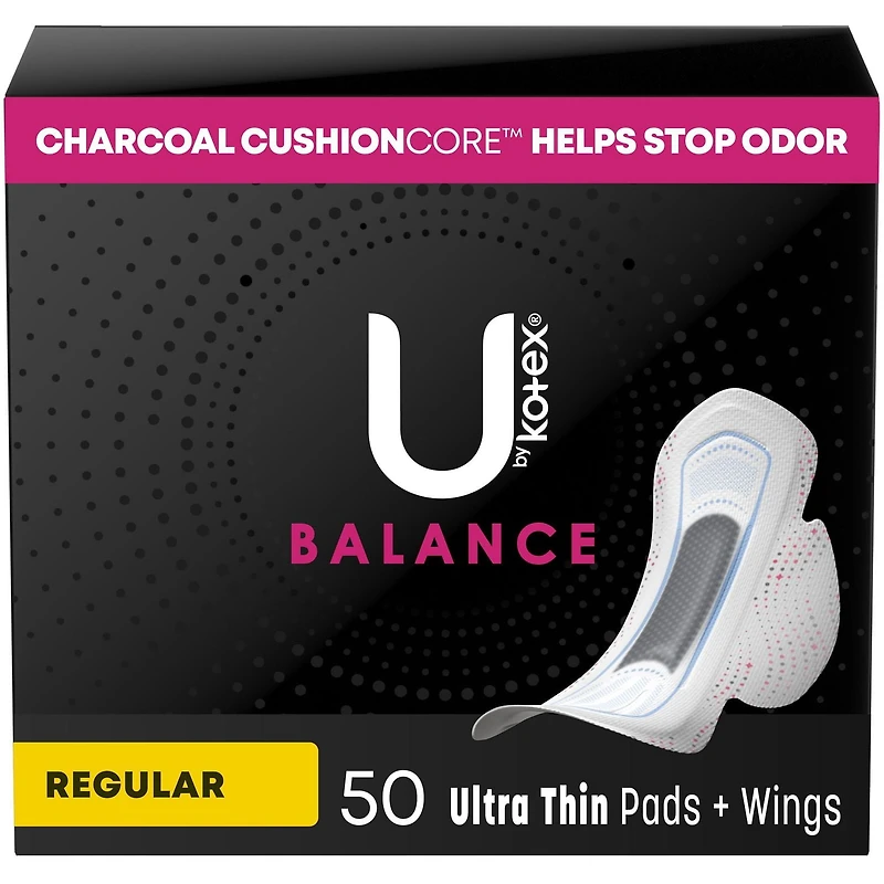 Serviettes ultraminces U by Kotex Balance avec ailes, absorption régulière, 50 unités. UBK PAD 50