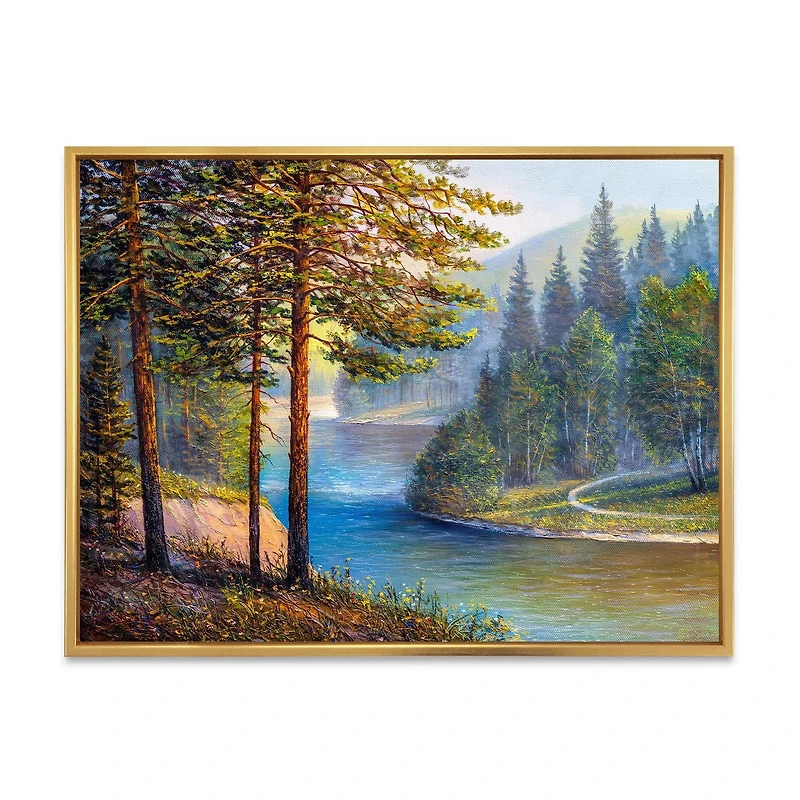 Designart Lumière du soleil du matin à travers la forêt de pins et de sapins ART MURAL À CADRE FLOTTÉ