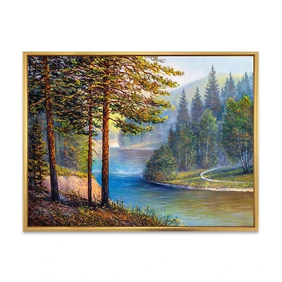 Designart Lumière du soleil du matin à travers la forêt de pins et de sapins ART MURAL À CADRE FLOTTÉ