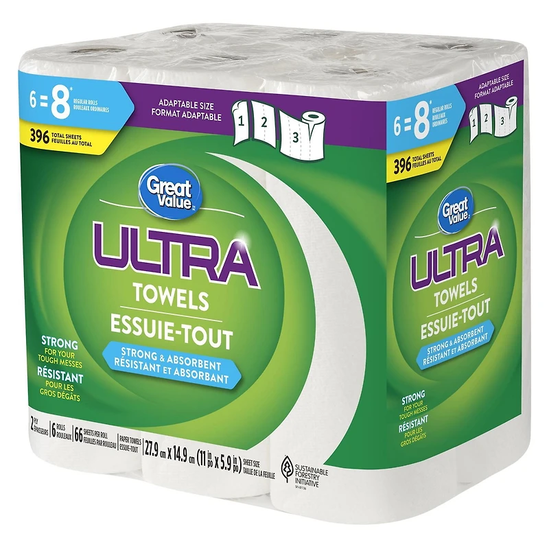 Great Value Ultra Essuie-tout, 6 équivalant à 8 rouleaux