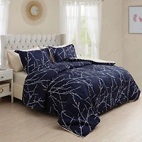 Marina Decoration Ultra Soft Luxury Fluffy Goose Down Alternative Bed in a Bag Rich Printed Comforter Set Includes Sheet Set, Modern Navy Blue Branches Pattern