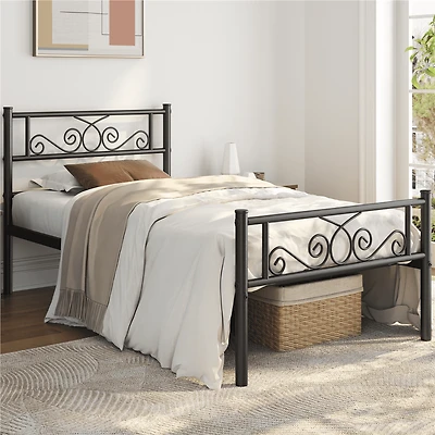 FullFurnique Graceful Scroll Metal Platform Bed Twin Bed with Headboard and Footboard for Adult, Black
