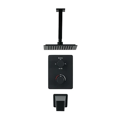 Square 3-functions thermostatic valve, shower head, bath spout or simultaneously, Matte black finish