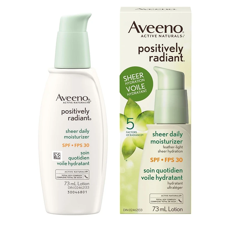 Aveeno Positively Radiant Soin quotidien Voile hydratant FPS 30 avec extrait de soja, Hydratant avec écran solaire, Sans huile et non comédogène, 73 ml