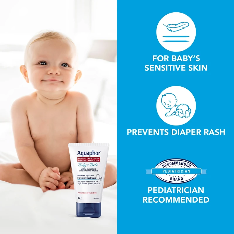 Onguent réparateur Aquaphor Bébé pour la peau sensible de bébé, soulage l’érythème fessier, 85g