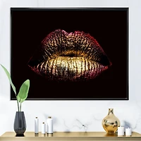 Designart Lèvres féminines métallisées dorées sexy IV ART MURAL À CADRE FLOTTÉ