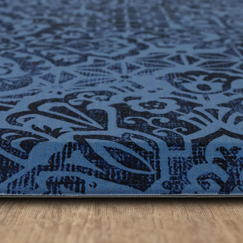 Damask Nouveau Blue Polyester Kitchen Mat 18x30