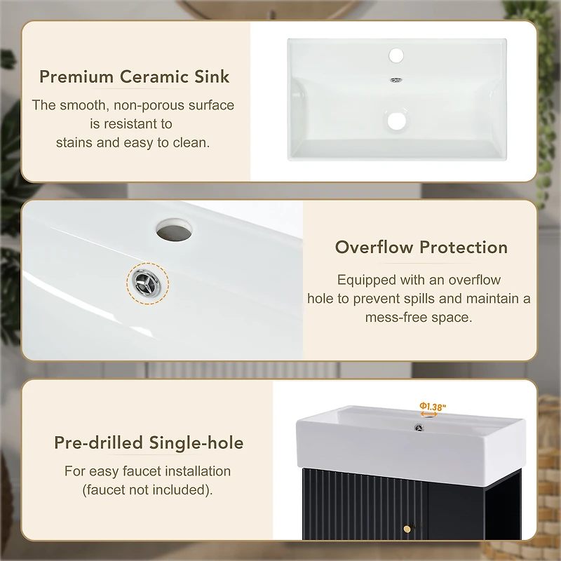 Noble House Meuble-Lavabo Flottant Moderne de 21,6 Pouces avec Bassin en Céramique pour Petites Salles de Bains, Rangement Côté Droit, Noir