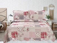 Marina Decoration Embossed Pinsonic Coverlet Bedspread Soft Bedding Summer Printed Quilt Set with Shams, Pink Purple Cream Floral Plaid Pattern