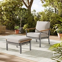 SONGMICS HOME Sencillo Collection - Patio Furniture Set, Armchair with Ottoman, Rattan, Faux Wood, Gray and Beige
