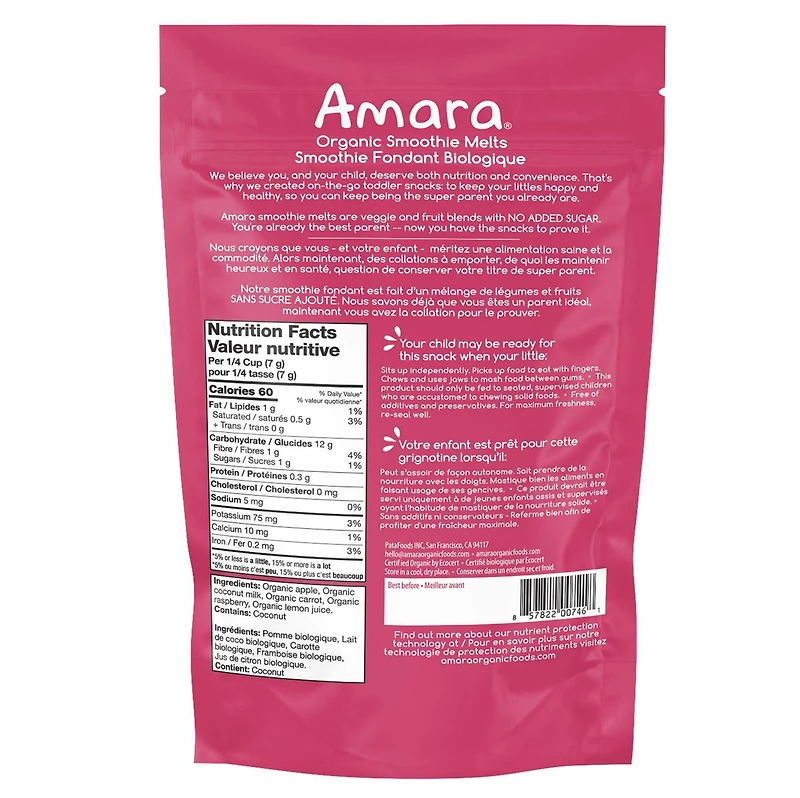 Amara Plant Based Yogurt Smoothie Melts, Carrots Raspberry, Melt in Your Mouth Org Snacks