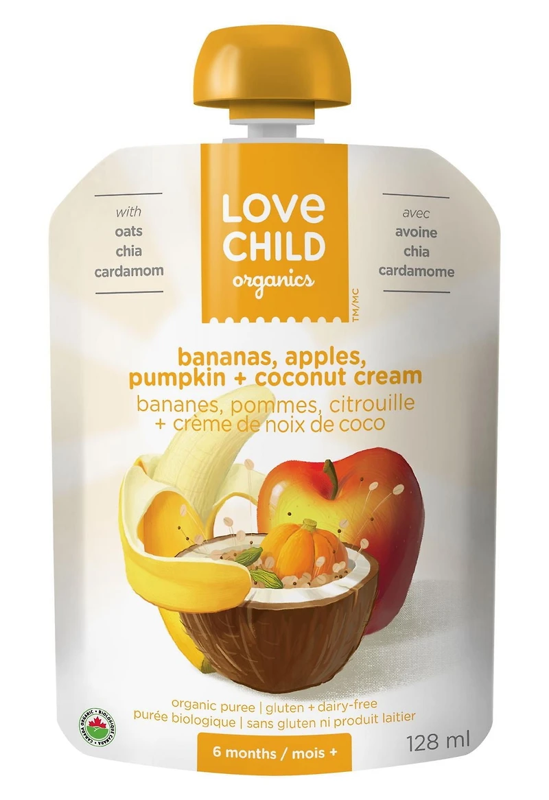 Love Child Organics Brekky Blends: bananas, apples, pumpkin + cardamom, I’m perfect as a dairy-free breakfast.