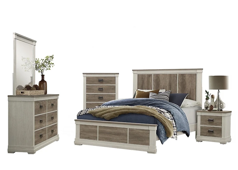 Topline Home Furnishings White Weathered & Grey Queen 6pc Bedroom Combination