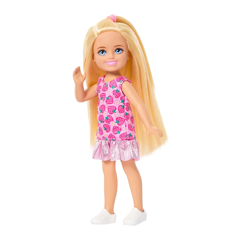 Barbie Club Chelsea Small Doll, 6-Inch with Blonde Hair in Strawberry-Print Dress & Shoes
