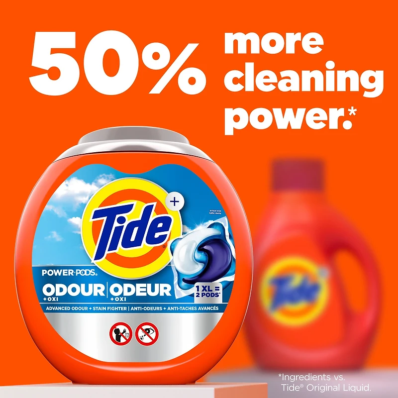Tide Odour + Oxi Laundry Detergent Pacs, Original Scent, Advanced Odour + Stain Fighter, 25CT