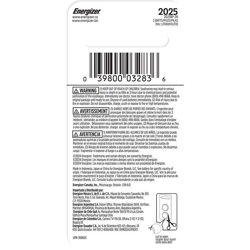 Pile à pile au lithium Energizer 2025, paquet de 2 Pile miniature au lithium emba