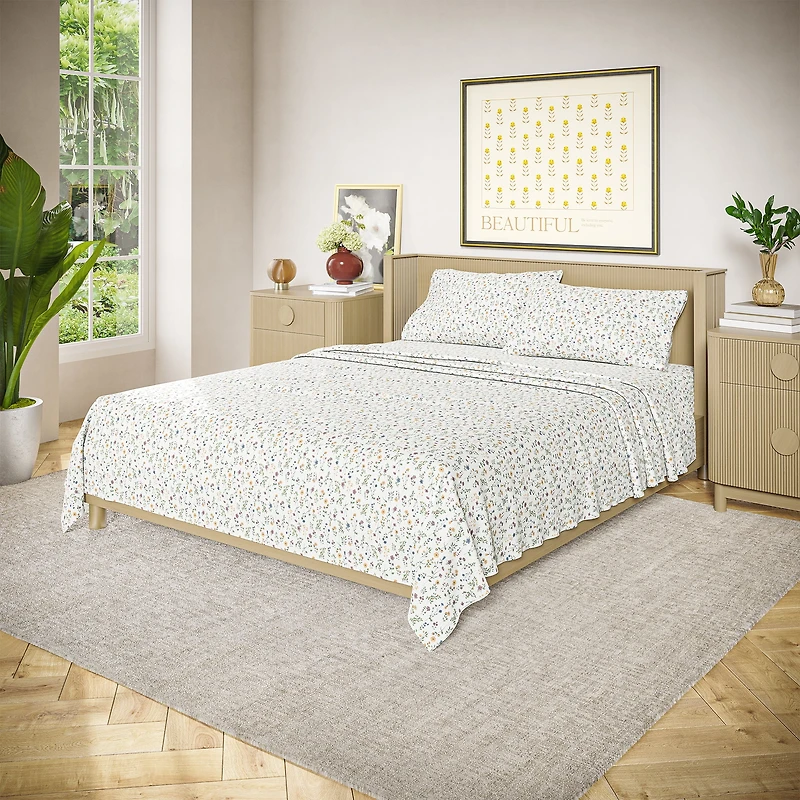 Beautiful Botanical 4-Piece Percale White Sheet Set, King by Drew Barrymore, BEAUTIFUL BT 200 PERCALE DITSY