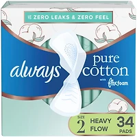 Always Pure Cotton with FlexFoam Pads, Size 2, Heavy, with Wings, Unscented, 34 Count
