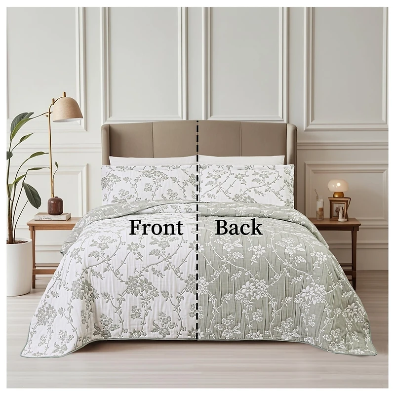 Couvre-lit brodé en jacquard Marina Decoration, parure de lit ultra douce, réversible, avec taies d'oreiller matelassées, motif floral vert