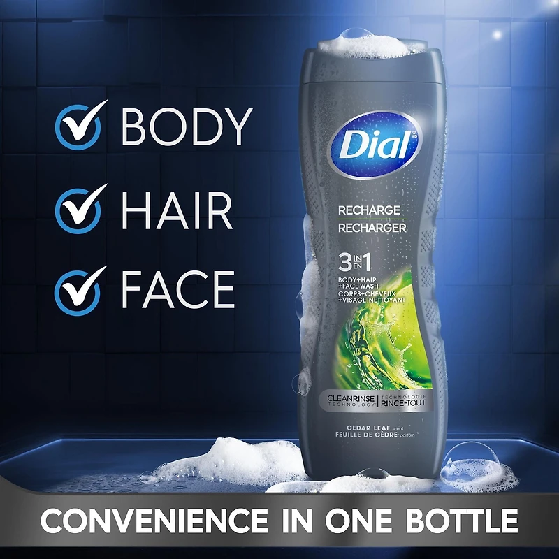 Dial Men Nettoyant 3 en 1 pour le corps, les cheveux et le visage, recharger, parfum feuille de cèdre, 473 ml