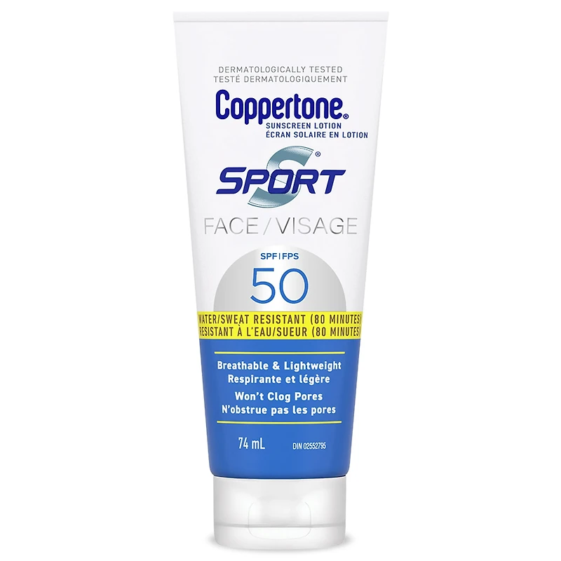 Coppertone Sport écran solaire en lotion pour le visage FPS 50, léger, résistant à l'eau, 74ml 74ml