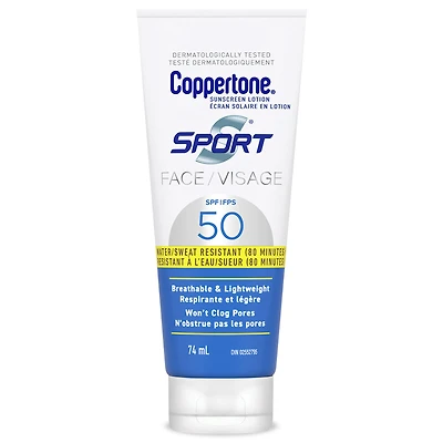 Coppertone Sport écran solaire en lotion pour le visage FPS 50, léger, résistant à l'eau, 74ml 74ml