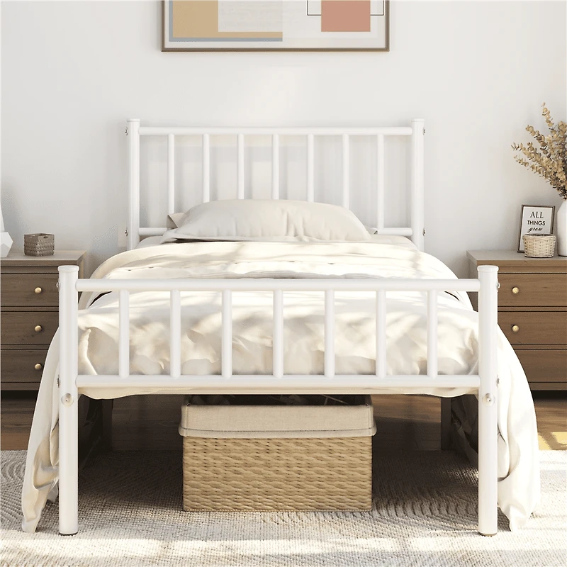 Fullfurnique Minimalist Metal Bed Frame with Vertical Bar Headboard and Footboard, Queen, White