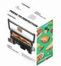 Chefman 3-in-1 Panini Press & Grill, 4-Slice Non-Stick, Opens Flat - Stainless Steel, New