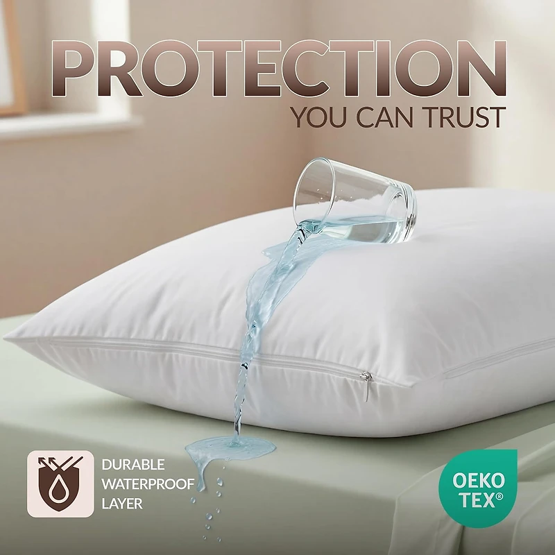 Lot de 2 protège-oreillers imperméables à fermeture éclair Beddora, format Queen, 51 x 76 cm – Protection contre les punaises de lit et les acariens, housses d'oreiller douces et silencieuses