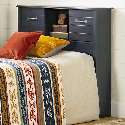 South Shore Ulysses Twin Bookcase Headboard with Storage and Sliding Doors, in Blueberry