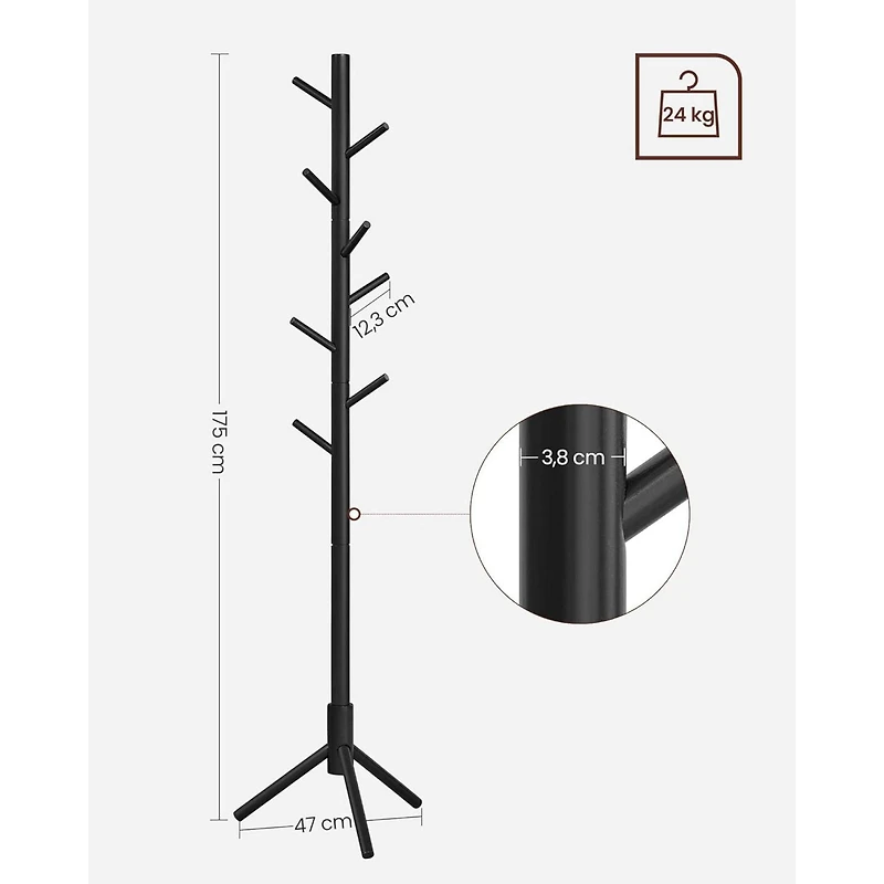 Boutique Home Adjustable Free-standing Coat Rack with 8 Hooks & 3 Height Options, Black