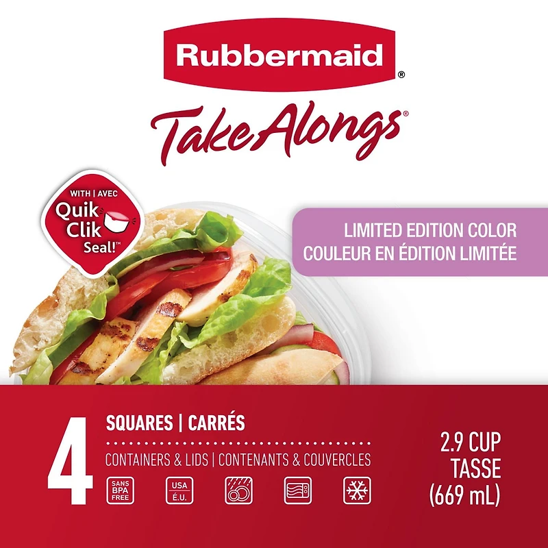 Rubbermaid TakeAlongs Square Food Storage Containers, 669 mL (2.9 Cup), Special-Edition Orchid Purple, 4 Pack