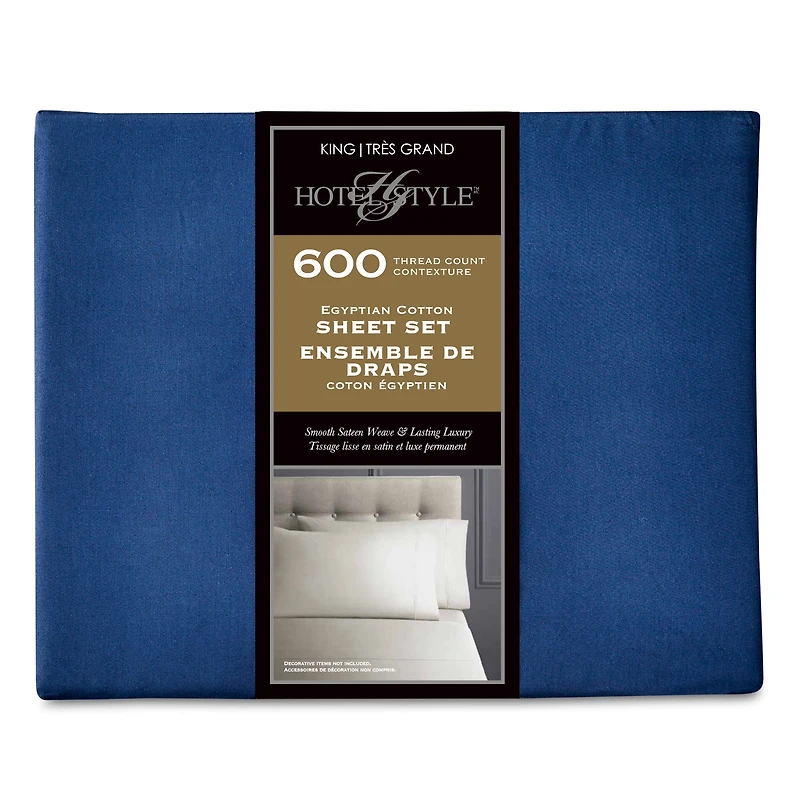 Ensemble de draps pour lit adulte en coton égyptien marin 600 contexture, 4 pièces, hotel style, grand lit - Poche profonde Ensemble de draps grand lit
