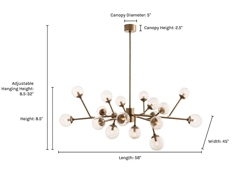 Dallas 18-Light Gold Chandelier – Mid-Century Modern Design with Adjustable Arms and Seedy Glass Spheres for Elegant, Contemporary Lighting