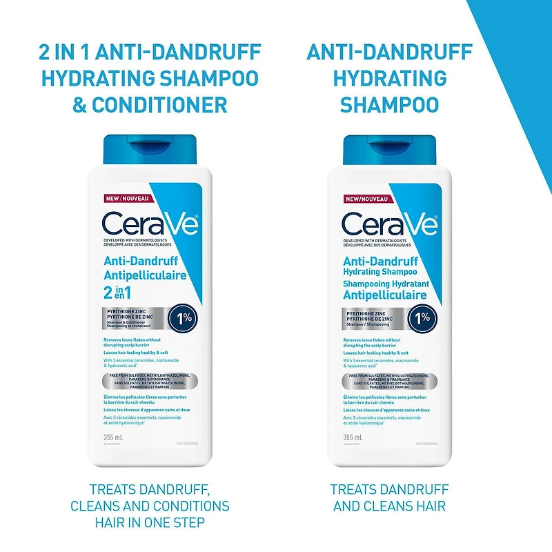 CeraVe Anti-Dandruff Hydrating Shampoo, Clinically Tested Shampoo with 1% Pyrithione Zinc, 355mL, Reduces dandruff flakes